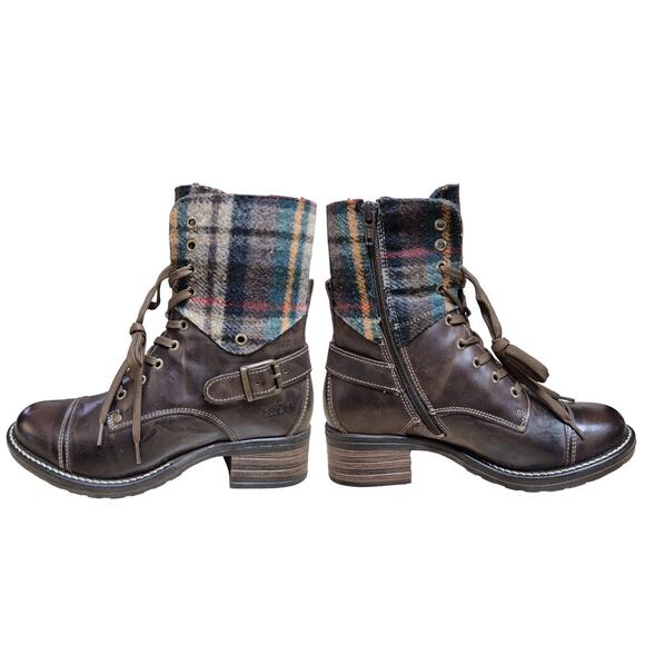Taos   Brown Leather Green Yellow Plaid Lace Zip Buckle Ankle Boots 7 - 7 1/2 38 - Picture 1 of 5